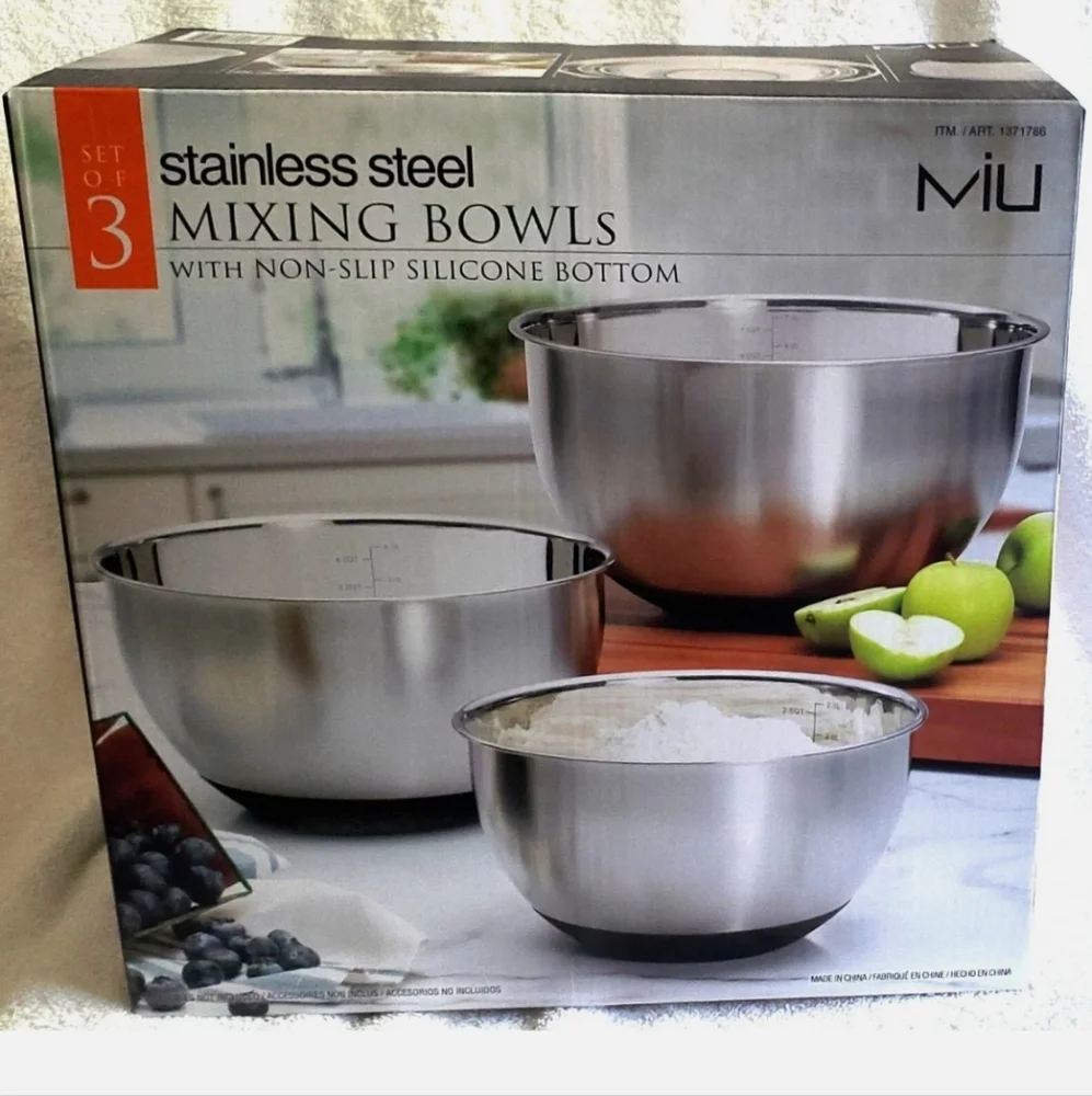 MIU, Set of 3 - 18/10 Stainless Steel Nest Mixing Bowls w Measuring Scale Marks